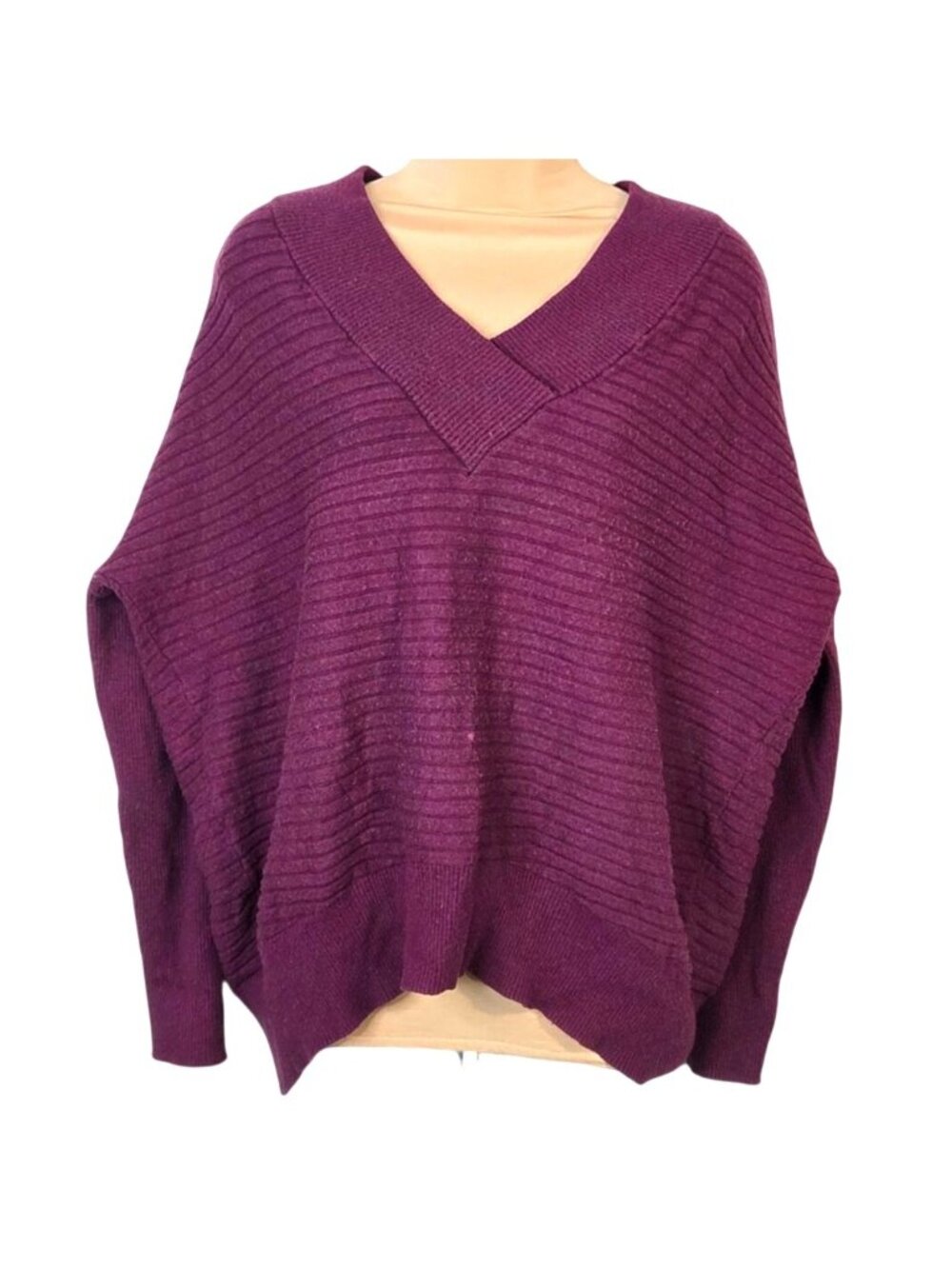 Time And Tru Purple Ribbed V-Neck Knit Sweater Womens M (8-10) Rayon Blend